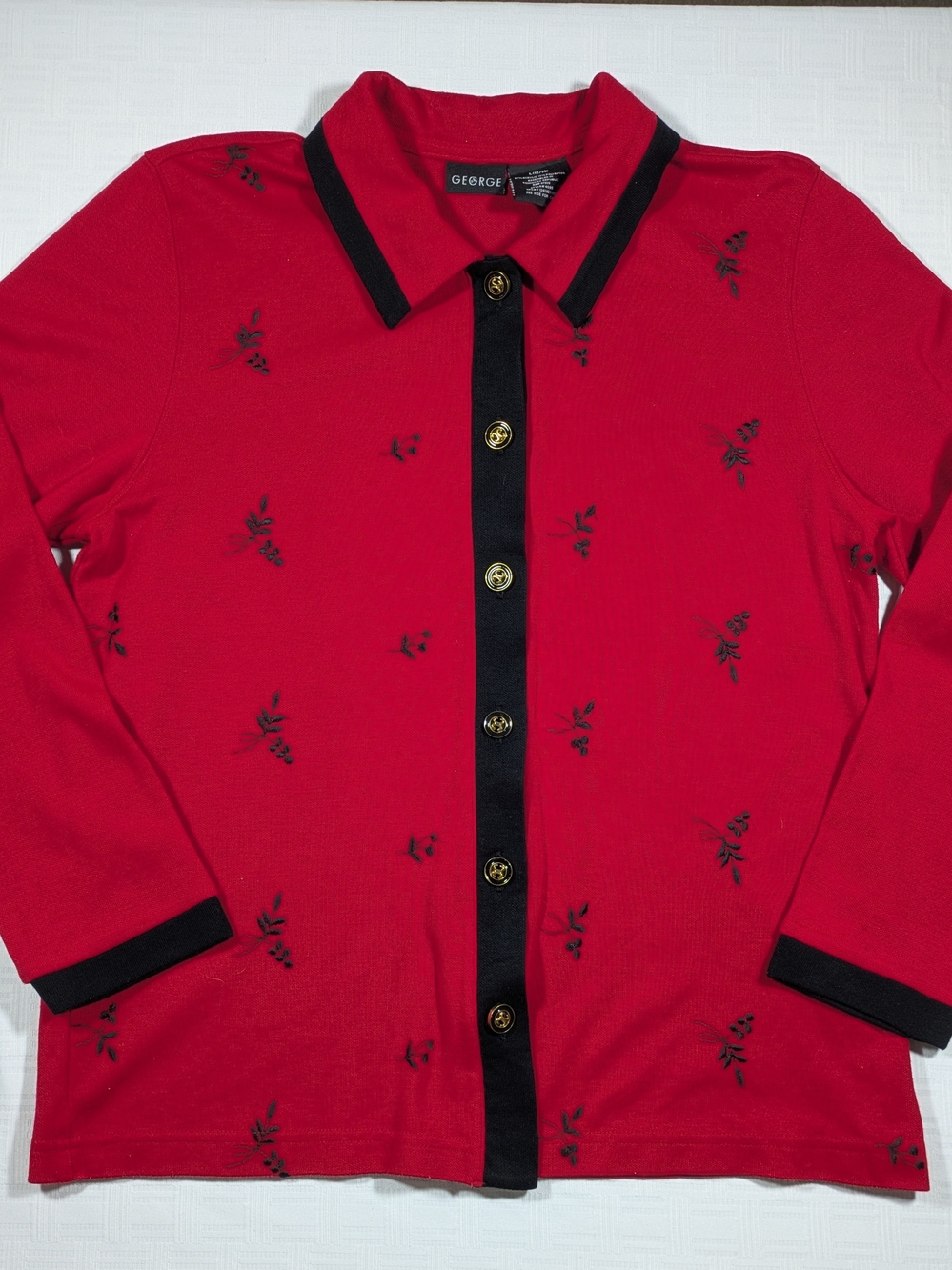 Y2K George Women L Red Embroidered Knit Polo Cardigan Button Up Black Trim